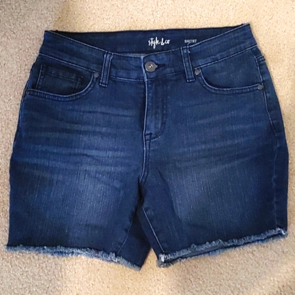 Dark distressed denim shorts